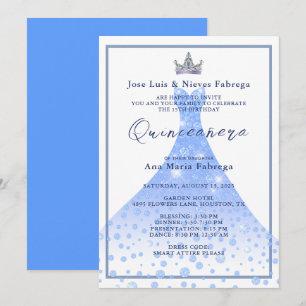 Invitación Vestido de bola azul y tiara Quinceañera Cumpleaño