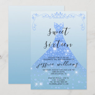 Invitación Vestido de bola de lentejuelas azules y remolinos