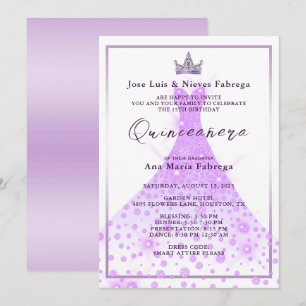 Invitación Vestido de Bola de Lila y Tiara Quinceañera Cumple