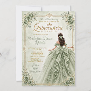 Invitación Vestido de Bola Floral Quinceañera Verde Polvorien