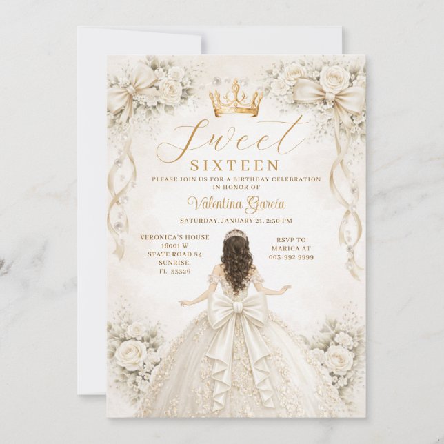 Invitación Vestido de Bola Princesa de Marfil Cumpleaños Swee (Anverso)
