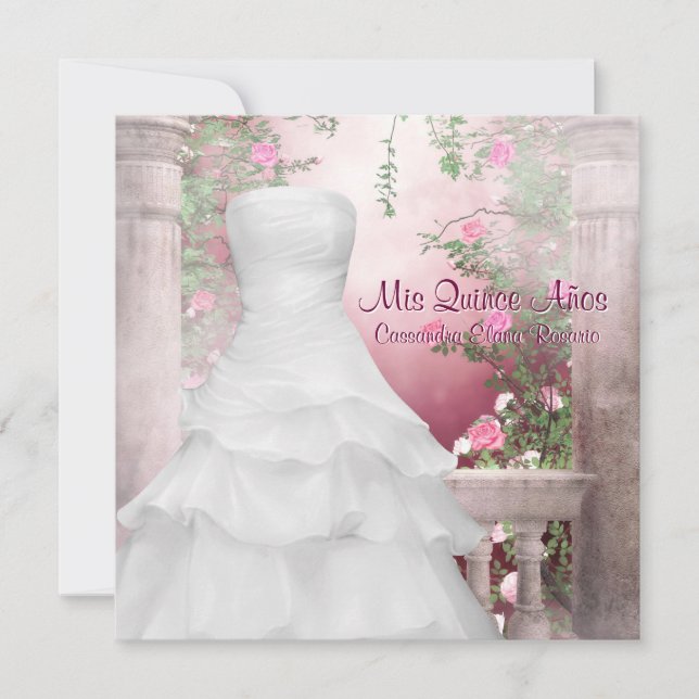 Invitación Vestido de Bola Rosa Rosa Quinceanera (Anverso)