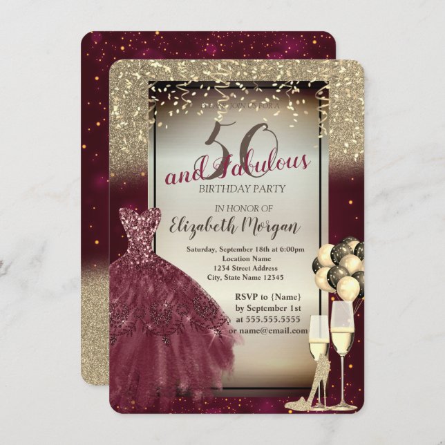 Invitación Vestido de Borgoña, Ballons, Dorado 50 cumpleaños (Anverso / Reverso)