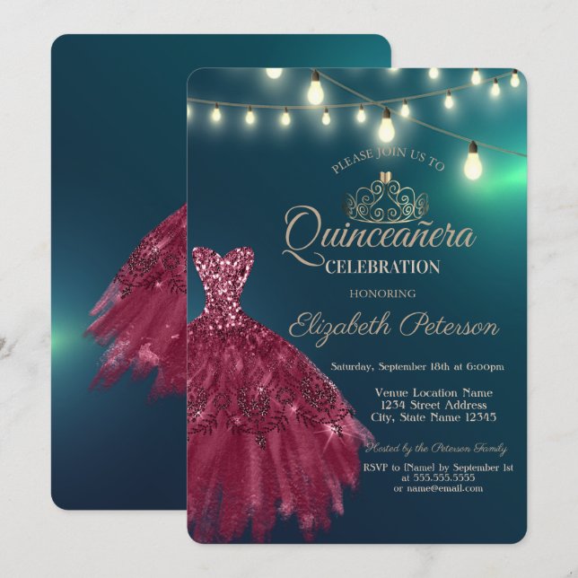 Invitación Vestido de Borgoña moda, Quinceañera Verde Tiara (Anverso / Reverso)