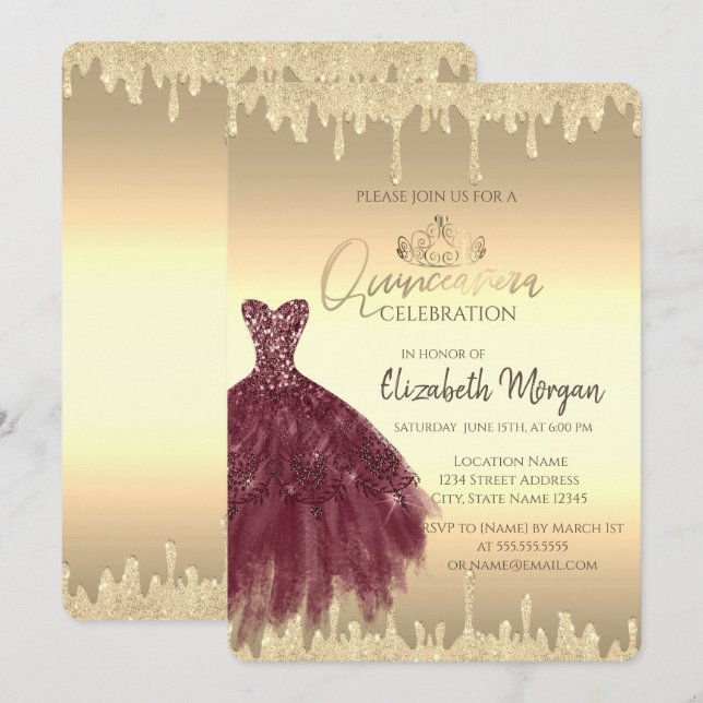 Invitación Vestido de Borgoña, Purpurina gotea Quinceañera de (Anverso / Reverso)