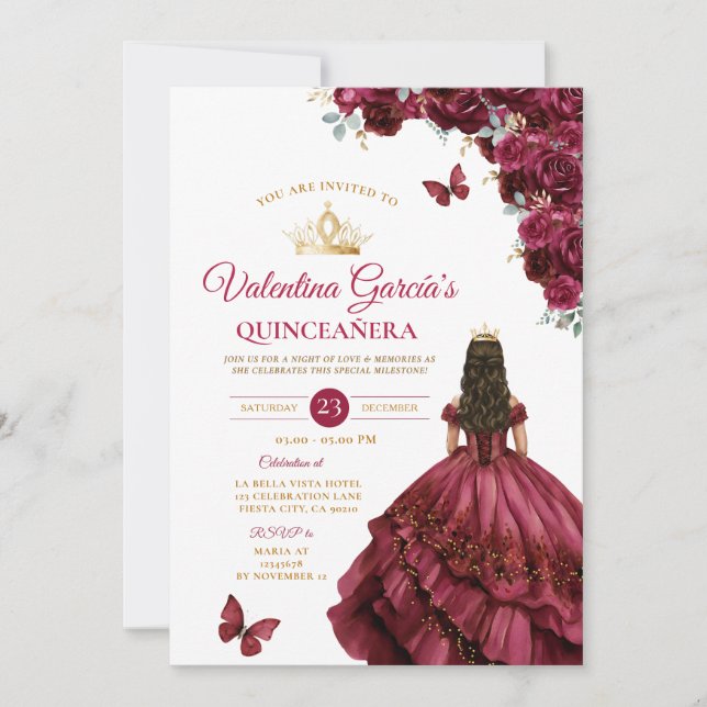 Invitación Vestido de Borgoña Quinceañera 15 flores de oro (Anverso)