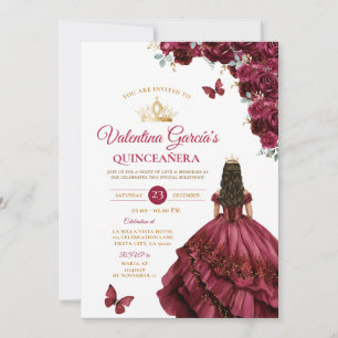 Invitación Vestido de Borgoña Quinceañera 15 flores de oro