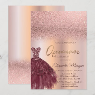 Invitación Vestido de Borgoña Rosa Dorado Ombre Quinceañera