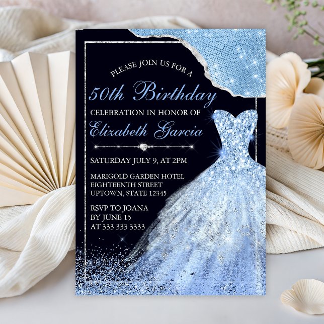 Invitación Vestido de brillo azul claro y cumpleaños Glam Edg (Subido por el creador)