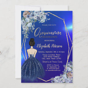 Invitación Vestido de brillo azul marino, Flores azules chic
