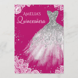 Invitación Vestido de brillo blanco encaje rosa Quinceanera