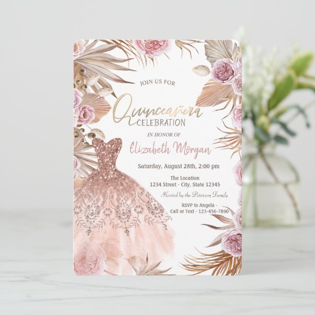 Invitación Vestido de brillo Boho Flores Quinceañera  (Anverso de pie)