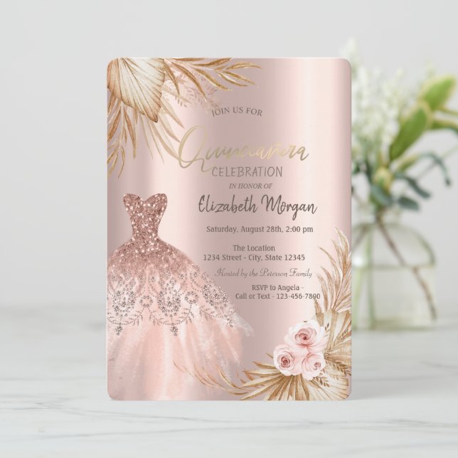 Invitación Vestido de brillo Boho Pampas Flores Quinceañera  (Anverso de pie)