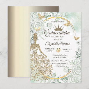 Invitación Vestido de brillo chic, mariposas y rosas verdes