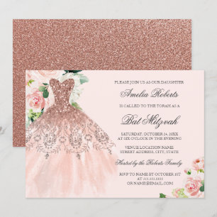 Invitación Vestido de brillo de oro rosa Floral Bat Mitzvah