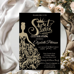 Invitación Vestido de brillo dorado, Diadema, Diamantes Negro