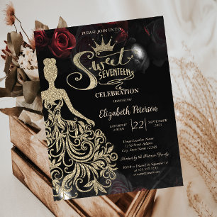 Invitación Vestido de brillo dorado, Diadema, Rosas Dulces 17