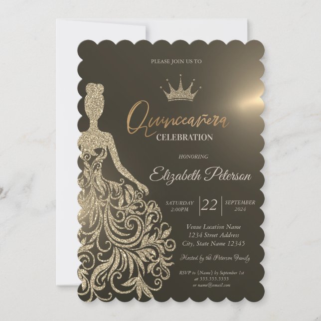 Invitación Vestido de brillo dorado,Diamantes Quinceañera dor (Anverso)