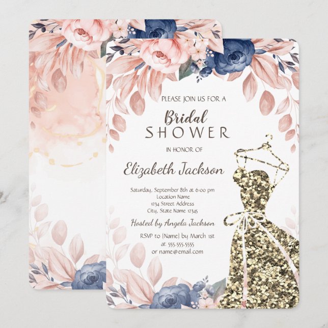 Invitación Vestido de brillo dorado elegante con flores azule (Anverso / Reverso)