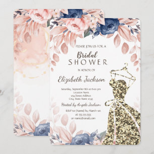 Invitación Vestido de brillo dorado elegante con flores azule