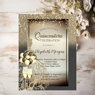 Invitación Vestido de brillo dorado, Globos, Celebración de Q