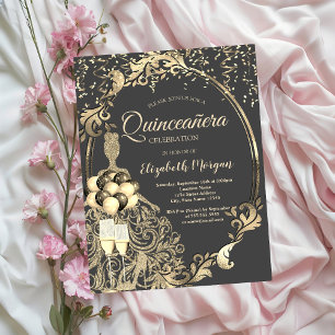 Invitación Vestido de brillo dorado,Globos Quinceañera brilla