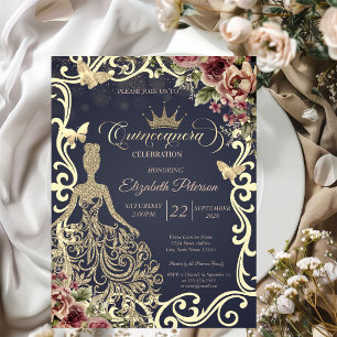 Invitación Vestido de brillo dorado, marco floral de mariposa