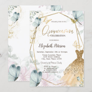 Invitación Vestido de brillo dorado Mariposas azules Marco do