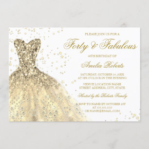 Invitación Vestido de brillo dorado para cumpleaños 40 de muj