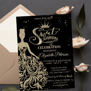 Invitación Vestido de brillo dorado, Quinceañera negro de con