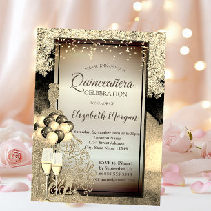 Invitación Vestido de brillo dorado, tacones altos, celebraci