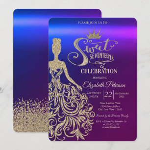 Invitación Vestido de brillo dorado, Tiara, Dulces 17 con Dia