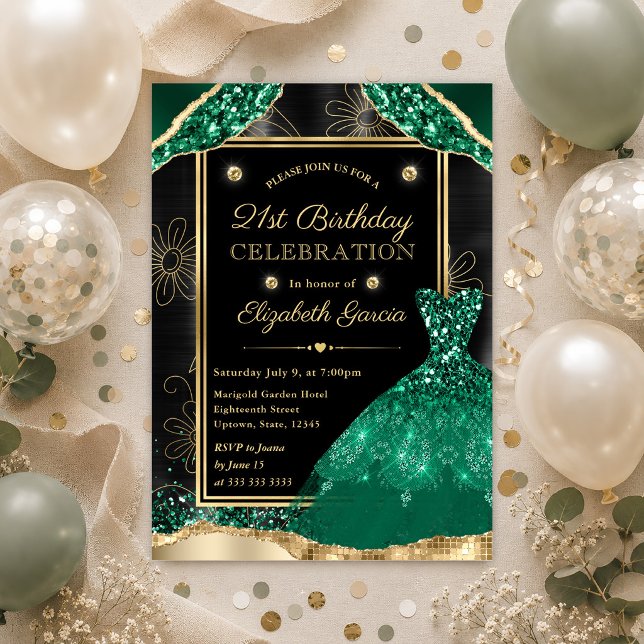 Invitación Vestido de brillo dorado y verde Cumpleaños 21 (Subido por el creador)