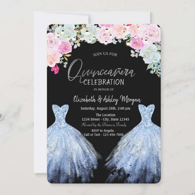 Invitación Vestido de brillo elegante flores azules rosadas  (Anverso)
