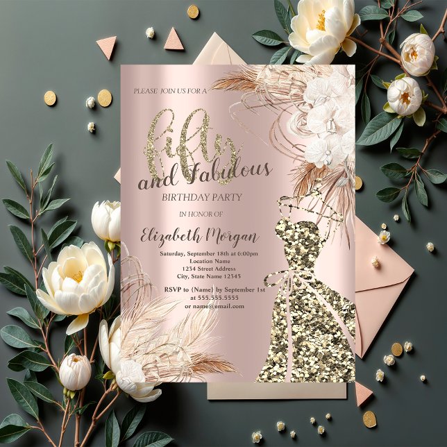 Invitación Vestido de brillo, flor boho de oro rosa cumpleaño (Subido por el creador)