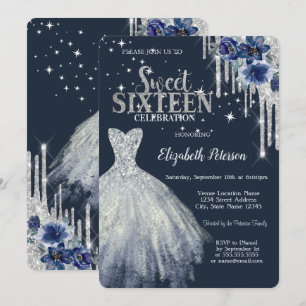 Invitación Vestido de Brillo Flores Estrellas Azul Dulces 16