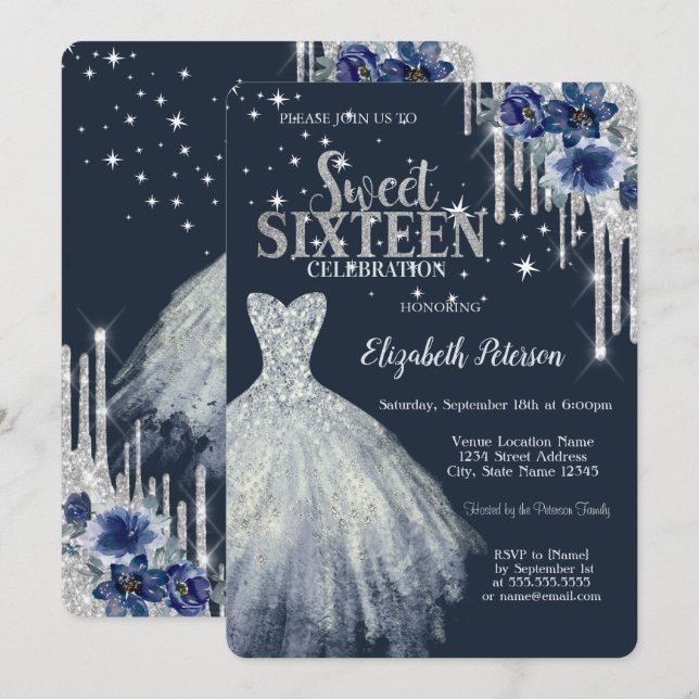 Invitación Vestido de Brillo Flores Estrellas Azul Dulces 16 (Anverso / Reverso)