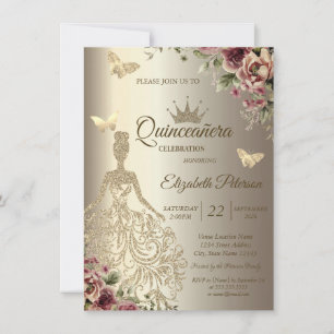 Invitación Vestido de brillo, Mariposa Floral Dorado Quinceañ