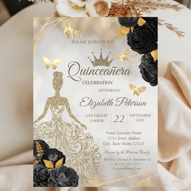 Invitación Vestido de brillo, mariposas, rosas negras Quincea (Subido por el creador)