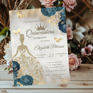 Invitación Vestido de brillo, mariposas, rosas verdes 15 cump