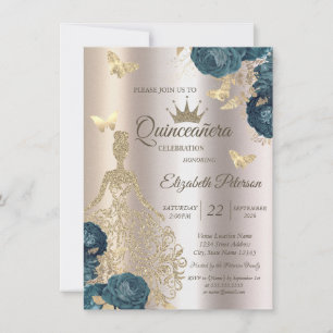 Invitación Vestido de brillo, mariposas, rosas verdes Champag