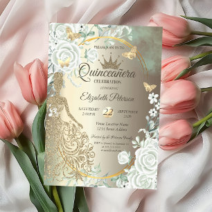 Invitación Vestido de brillo, mariposas, rosas verdes Quincea
