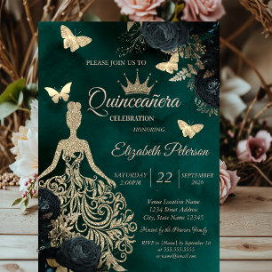 Invitación Vestido de brillo, mariposas, rosas verdes Quincea