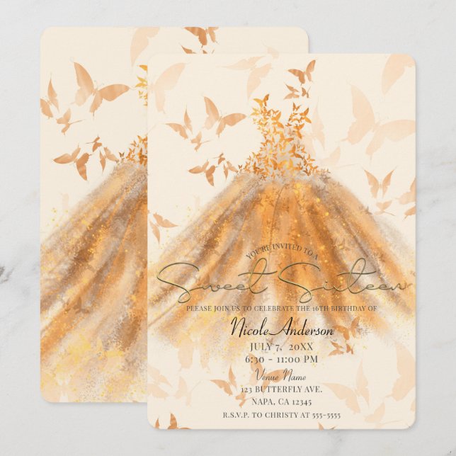 Invitación Vestido de brillo naranja de baile de mariposa Dul (Anverso / Reverso)