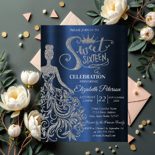 Invitación Vestido de brillo plateado, diamantes azul marino 
