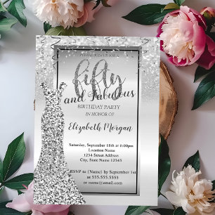 Invitación Vestido de brillo plateado elegante Cumpleaños 50