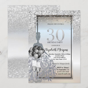 Invitación Vestido de brillo plateado, vidrio, globos 30 cump
