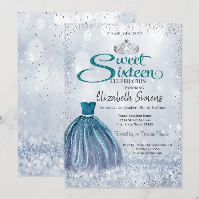 Invitación Vestido de brillo, Princesa Tiara Bokeh Dulces 16 (Anverso / Reverso)