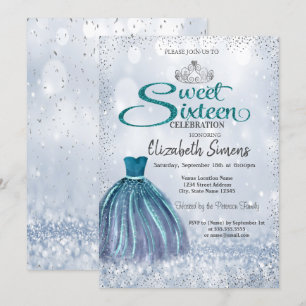 Invitación Vestido de brillo, Princesa Tiara Bokeh Dulces 16