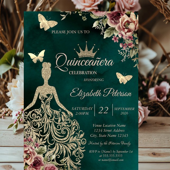 Invitación Vestido de brillo, Quinceañera floral de mariposa  (Subido por el creador)